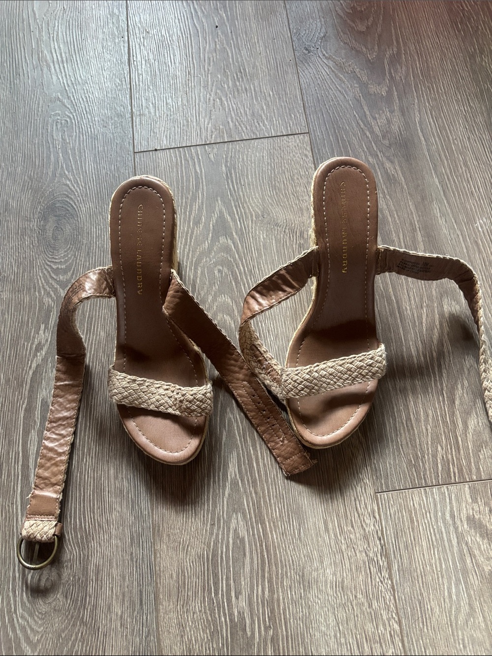 Chinese laundry Brown Leather and Cream Woven Strap Heeled Sandals